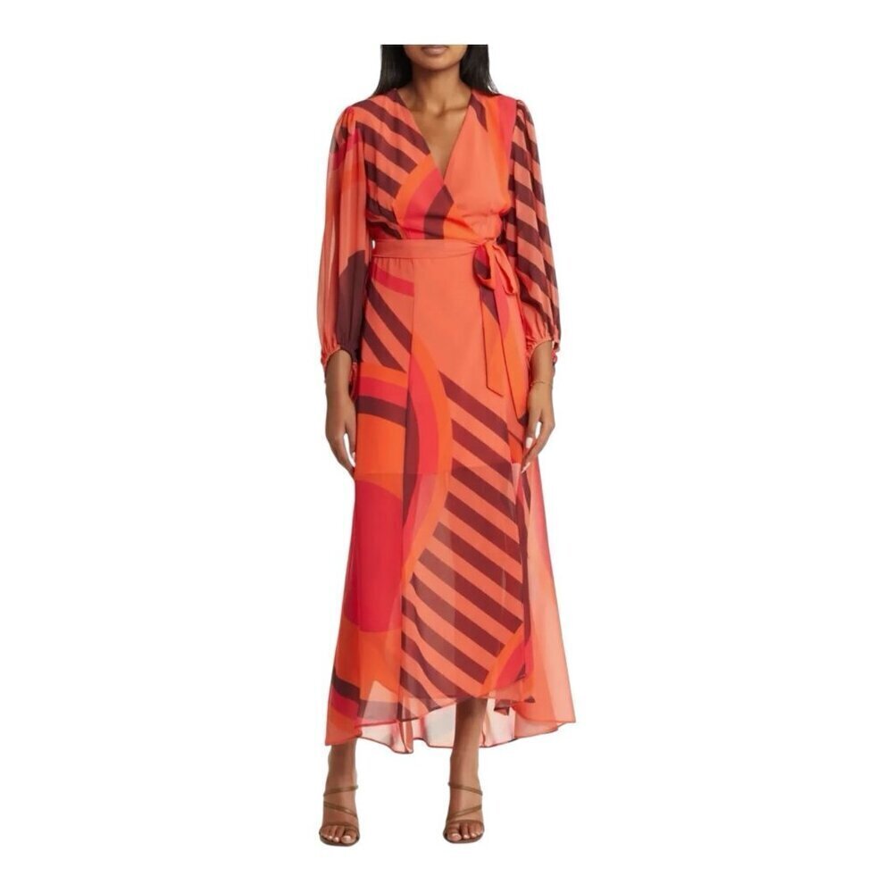 Hutch Lindie Geo Print Long Sleeve Wrap Dress Small Coral Lined NWT $297